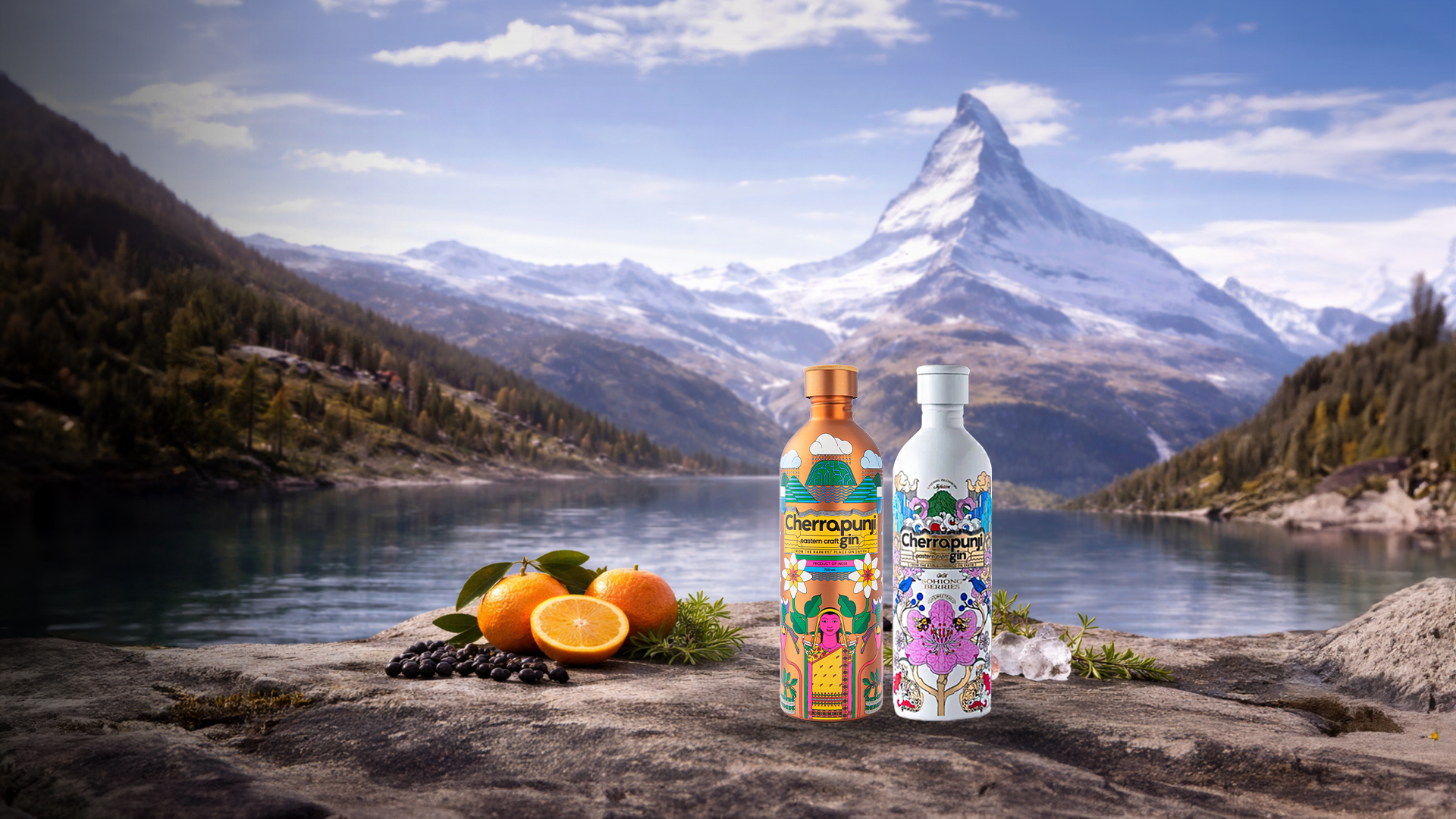 Cherrapunji Eastern Craft Gin, premium rainwater-distilled Indian gin featuring 15 global awards and 12 rare botanicals, available in Switzerland through ZARF Spirits.