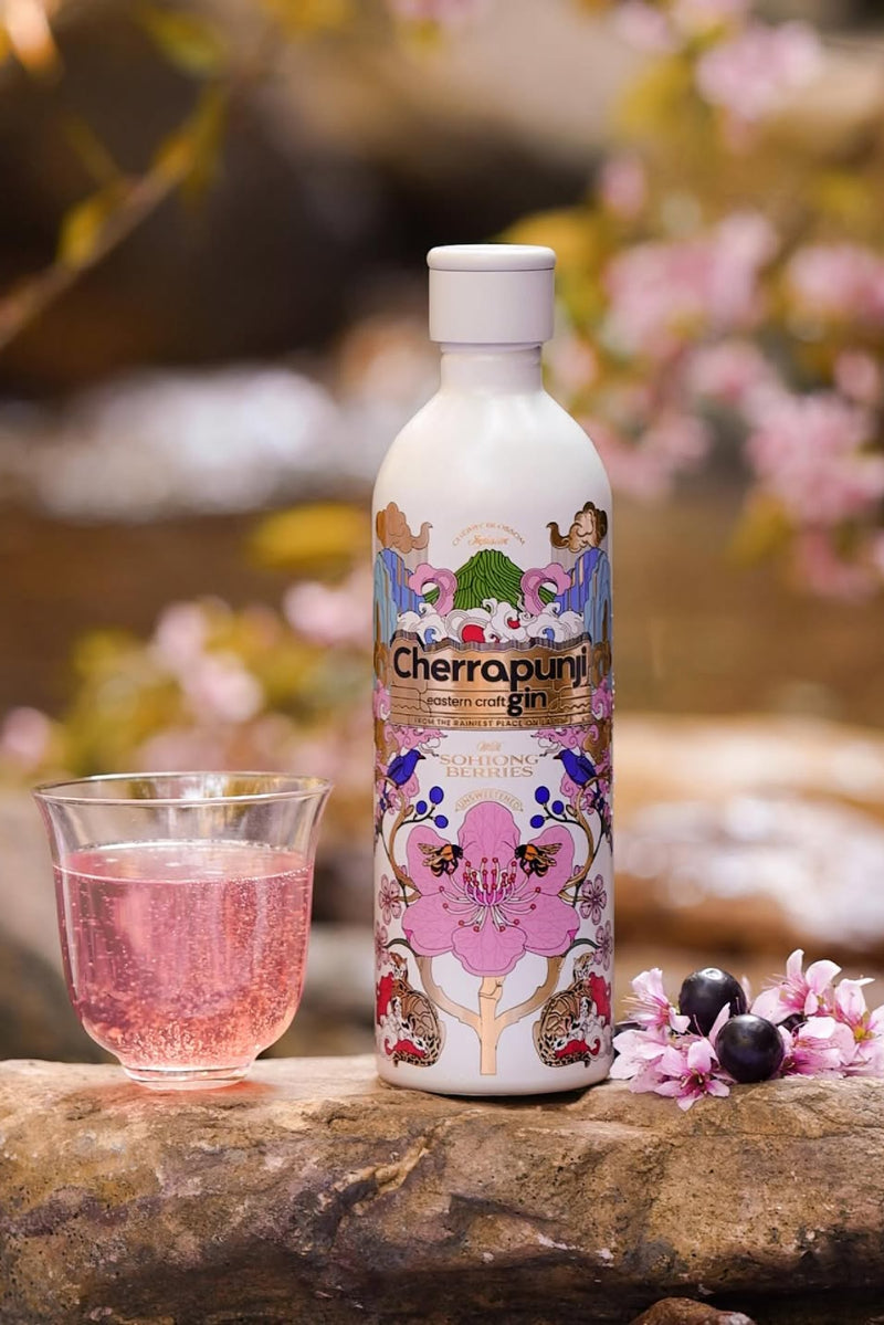Natural pink gin cocktail served with Cherrapunji Mountain Berry Gin, a fruit-forward Indian craft spirit for luxury bars and home mixology in Switzerland.