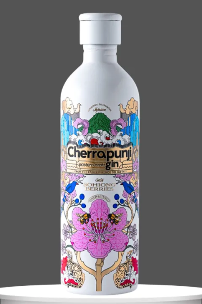 Cherrapunji Sohiong Berry Edition Gin in artistic / sustainable stainless steel bottle, premium gin from India infused with rare Sohiong berries and cherry blossoms, available at ZARF Spirits.