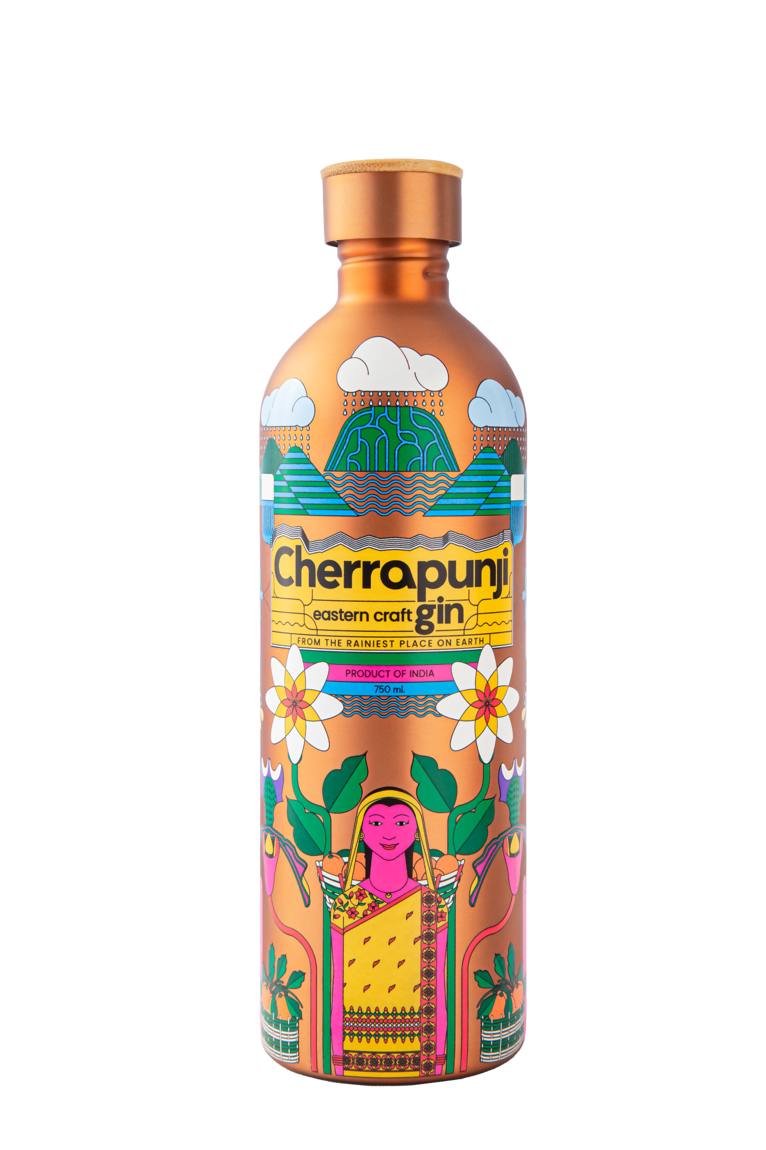 Original Cherrapunji Eastern Craft Gin in a sustainable artistic stainless steel bottle, award-winning Indian craft spirit.